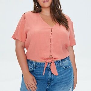 Forever 21 Coral Button-Front Tie V-Neck Top